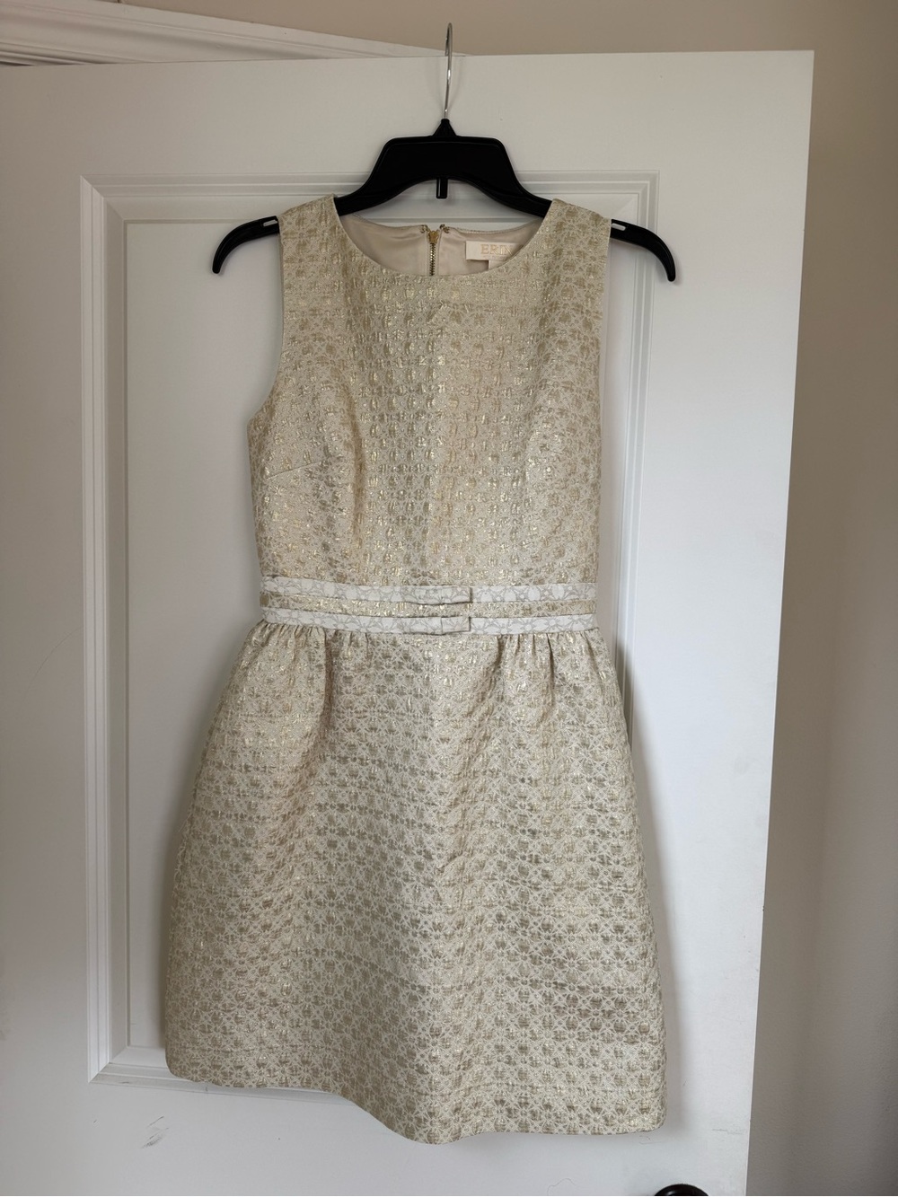 Sleeveless Ivory Brocade Mini Dress with Waist Detail
